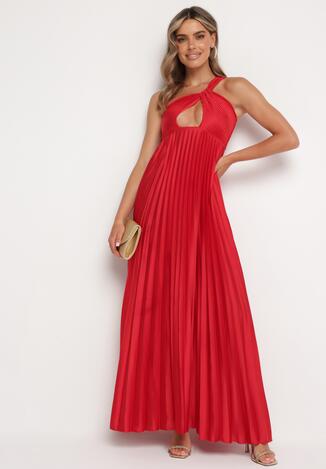 Czerwona Plisowana Sukienka na Jedno Ramię z Gumką w Pasie Elasha