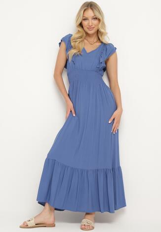 Niebieska Rozkloszowana Sukienka z Bawełny z Gumką w Talii i Falbankami Dimissa