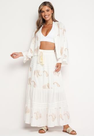 Biały Wiskozowy Komplet Koszula Zapinana na Guziki Spódnica z Haftem i Gumką w Talii Elasienna