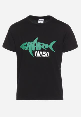 Czarna Bawełniana Koszulka T-shirt z Krótkim Rękawem i Nadrukiem Nodalia