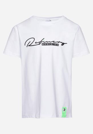 Biała Koszulka T-shirt z Napisem z Przodu z Elastycznej Bawełny Orgalia