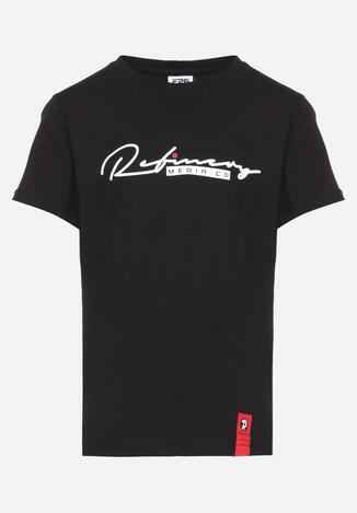 Czarna Koszulka T-shirt z Elastycznej Bawełny z Napisem Quxalia