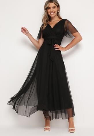 Czarna Kopertowa Rozkloszowana Sukienka z Wiązaniem w Talii Kolea