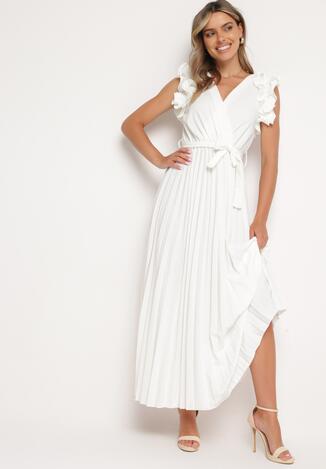 Biała Sukienka z Kopertowym Dekoltem i Falbanką z Gumką w Talii i Materiałowym Paskiem Tiamaraya