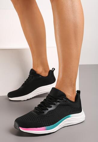 Czarne Płaskie Sznurowane Buty Sportowe Sneakersy Ozdobione Kolorowym Paskiem Risanny