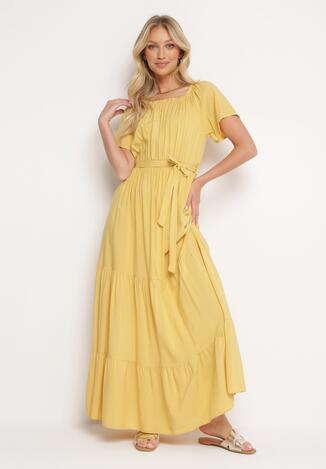 Żółta Sukienka Typu Hiszpanka z Gumką w Talii i Materiałowym Paskiem Tiamarae