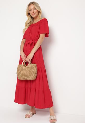 Czerwona Bawełniana Sukienka Hiszpanka z Wiskozą z Gumką i Materiałowym Paskiem w Talii Tiamanthe