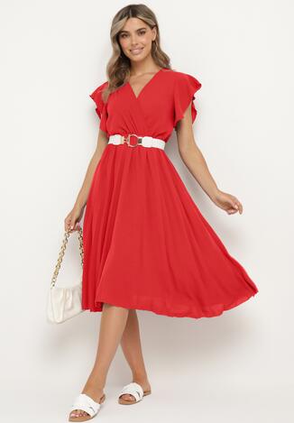 Czerwona Plisowana Sukienka z Kopertowym Dekoltem i Gumką w Talii Waretta