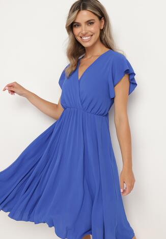 Niebieska Plisowana Sukienka z Kopertowym Dekoltem i Gumką w Talii Waretta