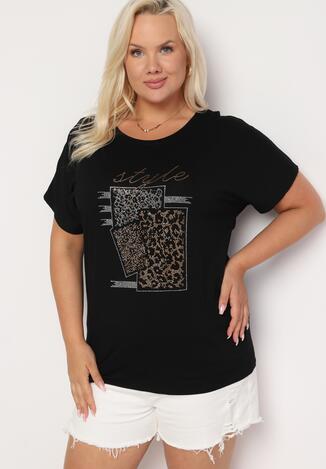 Czarny Bawełniany T-shirt z Ozdobnym Napisem i Cyrkoniami Krisiona