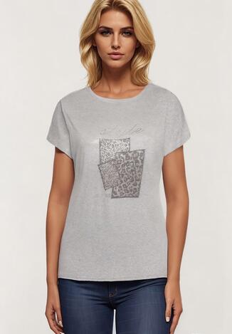 Szary Bawełniany T-shirt z Ozdobnym Napisem i Cyrkoniami Krisiona
