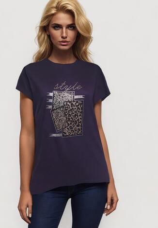 Granatowy Bawełniany T-shirt z Ozdobnym Napisem i Cyrkoniami Krisiona