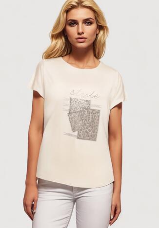 Beżowy Bawełniany T-shirt z Ozdobnym Napisem i Cyrkoniami Krisiona