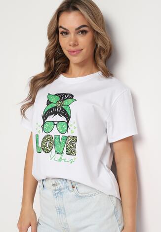 Biało-Zielony Bawełniany T-shirt z Nadrukiem z Przodu Sarilla