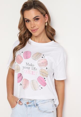 Biało-Różowy Bawełniany T-shirt Ozdobiony Nadrukiem i Cyrkoniami Chrisielle