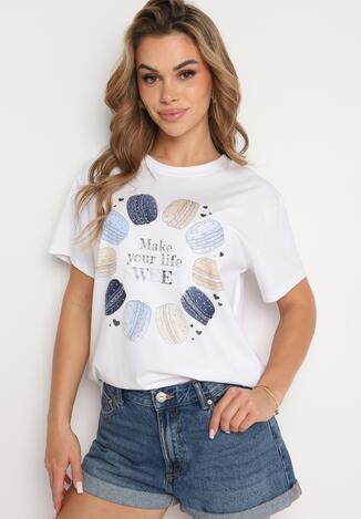 Biało-Niebieski Bawełniany T-shirt Ozdobiony Nadrukiem i Cyrkoniami Chrisielle