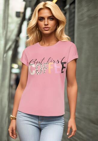 Różowy T-shirt z Napisem z Motywem Kawy Dimrrue