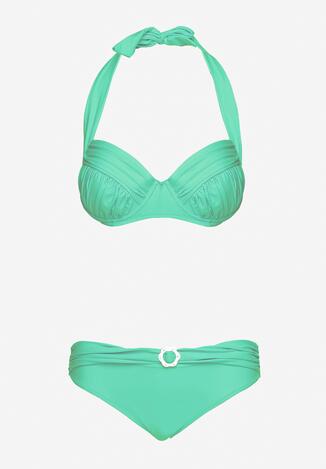 Zielone 2-Częściowe Bikini Stanik Zapinany na Szyi Majtki z Ozdobną Aplikacją Peviana