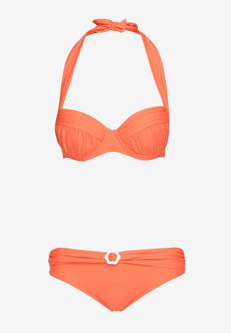Pomarańczowe 2-Częściowe Bikini  Stanik Zapinany na Szyi Majtki z Ozdobną Aplikacją Peviana
