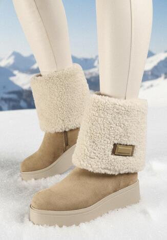 Beżowe Botki na Koturnie z Wywijaną Cholewką i Barankiem Irilaura