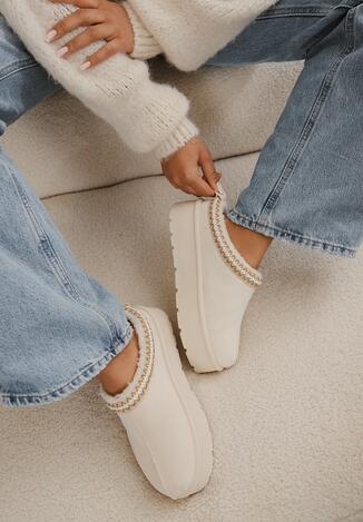 Beżowe Śniegowce Wsuwane na Grubej Podeszwie z Wyszywaną Ozdobą Irinellae