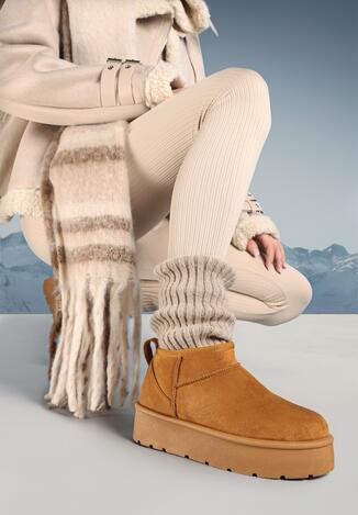 Brązowe Wsuwane Śniegowce na Platformie z Krótką Cholewką Arinara