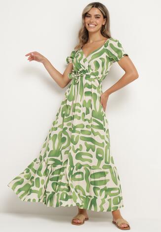 Zielona Wiskozowa Sukienka z Kopertowym Dekoltem i Materiałowym Paskiem z Gumką w Talii Vikailla