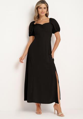 Czarna Koktajlowa Sukienka Typu Hiszpanka z Rozcięciem Vikita