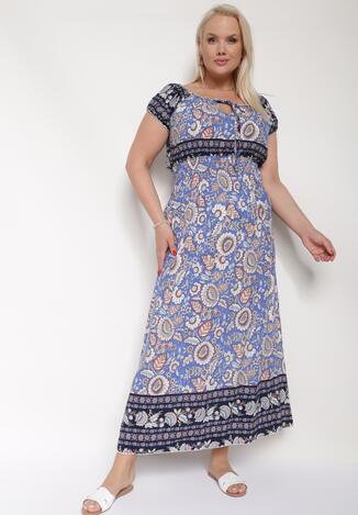 Niebieska Bawełniana Sukienka z Gumką w Talii i Wiązanym Dekoltem Emetta