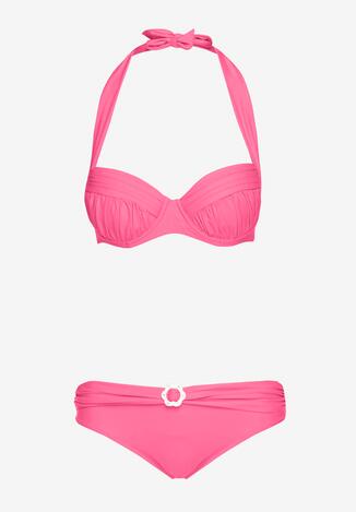 Różowe 2-Częściowe Bikini Stanik Zapinany na Szyi Majtki z Ozdobną Aplikacją Peviana