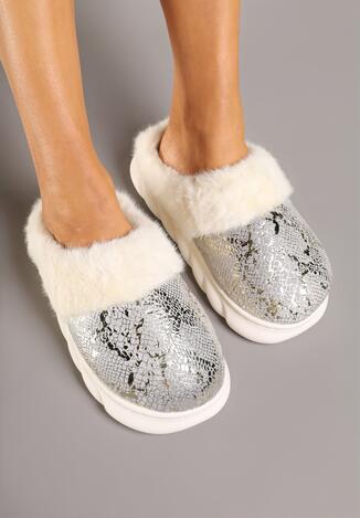 Szare Metaliczne Kapcie Vices z Futerkiem na Piankowej Podeszwie Eleasmina
