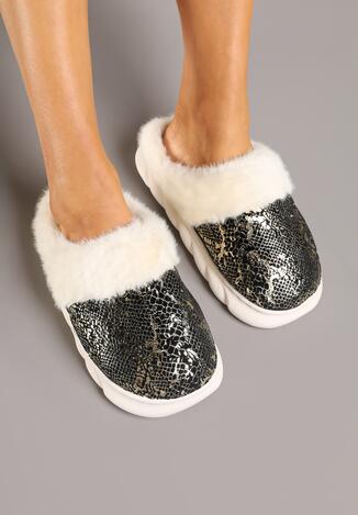 Czarne Metaliczne Kapcie Vices z Futerkiem na Piankowej Podeszwie Eleasmina