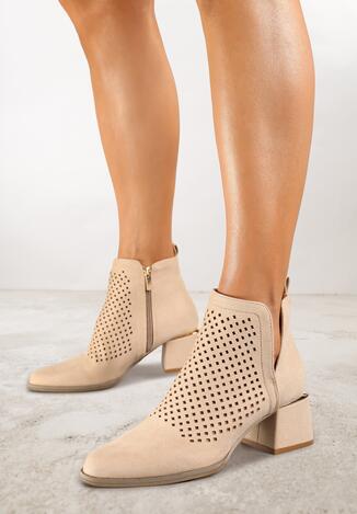 Beżowe Botki Vices na Słupku z Metaliczną Wstawką i Ażurowym Zdobieniem Vleferdia