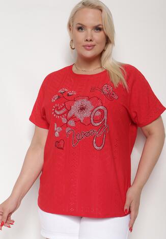 Czerwony Ażurowy T-shirt z Bawełną Ozdobiony Cyrkoniami Deviana