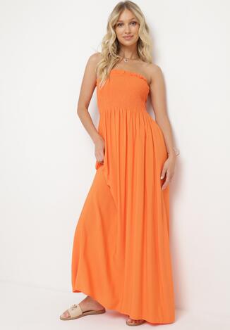 Pomarańczowa Wiskozowa Sukienka z Marszczonym Dekoltem Bandeau Vikiraias