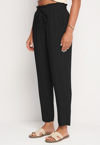 Czarne Bawełniane Spodnie Paper Bag z Wysokim Stanem i Gumką w Pasie Zeranea