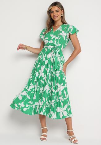 Zielona Kopertowa Plisowana Sukienka z Gumką i Paskiem w Talii Denevia