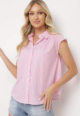 Różowa Bawełniana Koszula Bez Rękawów w Paski Zapinana na Guziki Loratia