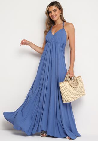 Niebieska Rozkloszowana Sukienka Maxi z Wiązaniem na Szyi Cathenia