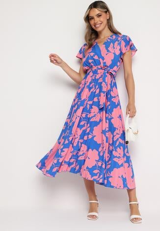 Niebiesko-Różowa Plisowana Koktajlowa Sukienka z Kopertowym Dekoltem Paskiem i Gumką w Talii Anelsea