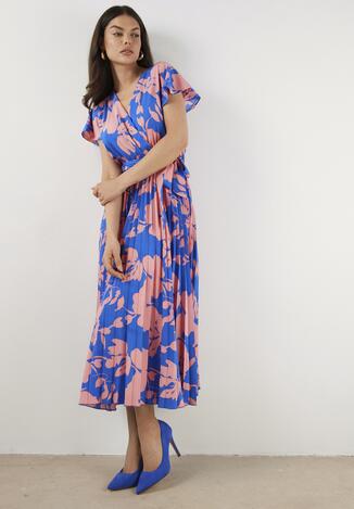 Niebiesko-Różowa Plisowana Koktajlowa Sukienka z Kopertowym Dekoltem Paskiem i Gumką w Talii Anelsea