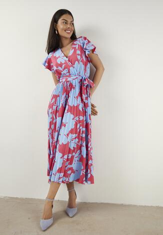 Różowo-Niebieska Plisowana Koktajlowa Sukienka z Kopertowym Dekoltem Paskiem i Gumką w Talii Anelsea