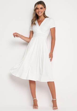 Biała Taliowana Sukienka z Dekoltem na Zakładkę Quimadea