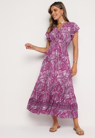 Fioletowa Rozkloszowana Kopertowa Sukienka z Bawełny o Wzorze Paisley z Gumką w Talii Zonne