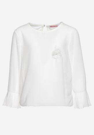 Biała Bluzka z Plisowanymi Rękawami i Broszką w Kształcie Kwiatu Henadea