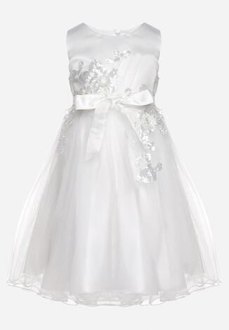 Biała Sukienka Typu Princeska z Cekinami i Tiulem Walnea