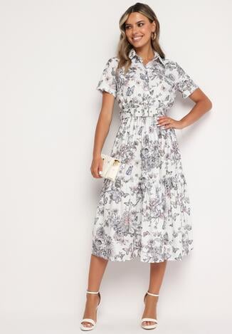 Biało-Szara Koktajlowa Sukienka w Kwiaty z Gumką w Talii i Ozdobnym Paskiem Vimaretta