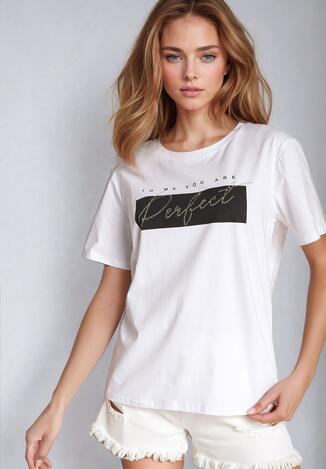 Biały Klasyczny Bawełniany T-shirt z Napisem z Cyrkonii Taronea