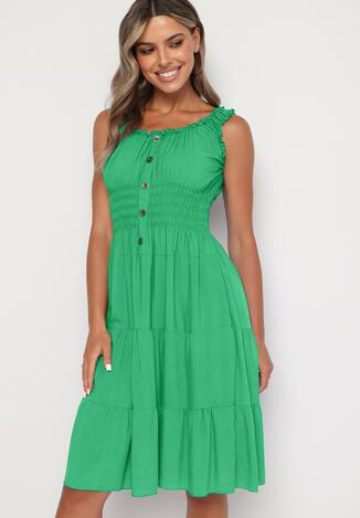 Zielona Rozkloszowana Sukienka z Bawełny na Ramiączkach Ozdobiona Guzikami Vimalene