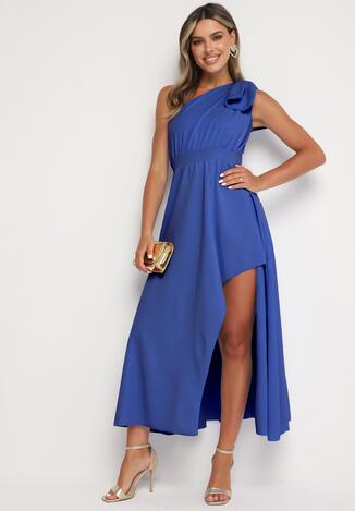 Niebieska Koktajlowa Asymetryczna Sukienka z Kokardą na Ramieniu Vimarellia